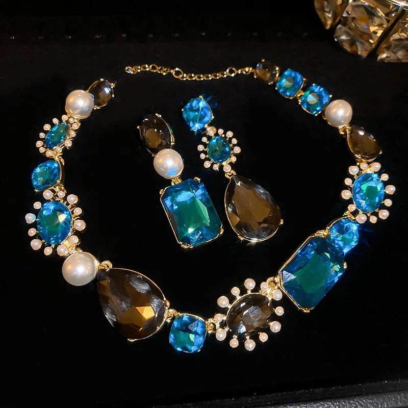 3-Piece French Light Luxury Jewelry Set – Water Drop Pearl Rhinestone Necklace set