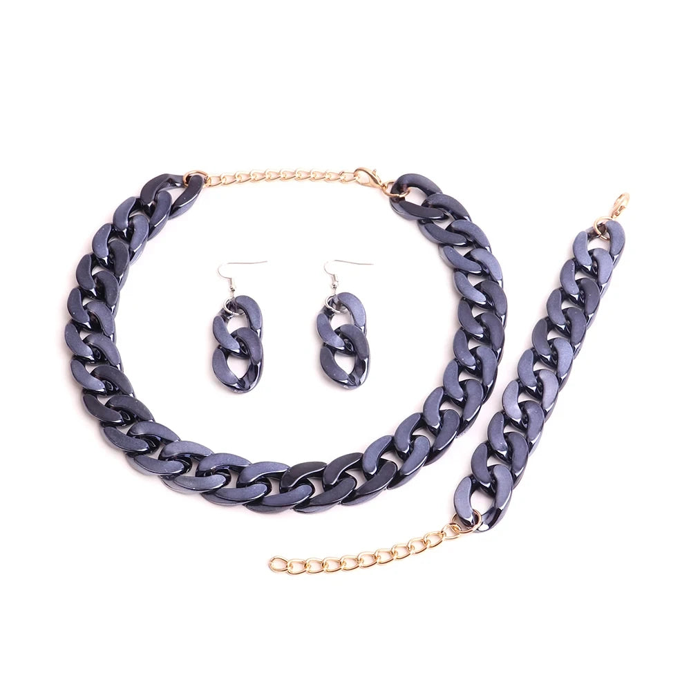 4PCS Acrylic Cuban Chain Necklace Set – Metallic Statement Jewelry for Women Navy Blue