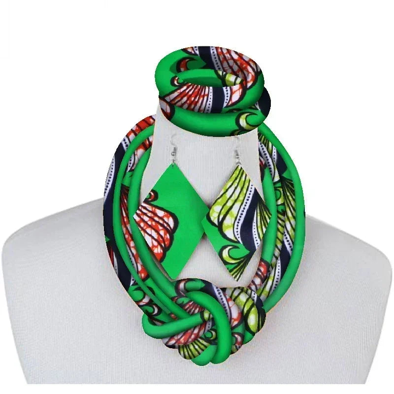 3-Piece African Print Ankara Fabric Jewelry Set – Necklace, Bracelet & Earrings Vanity Glam