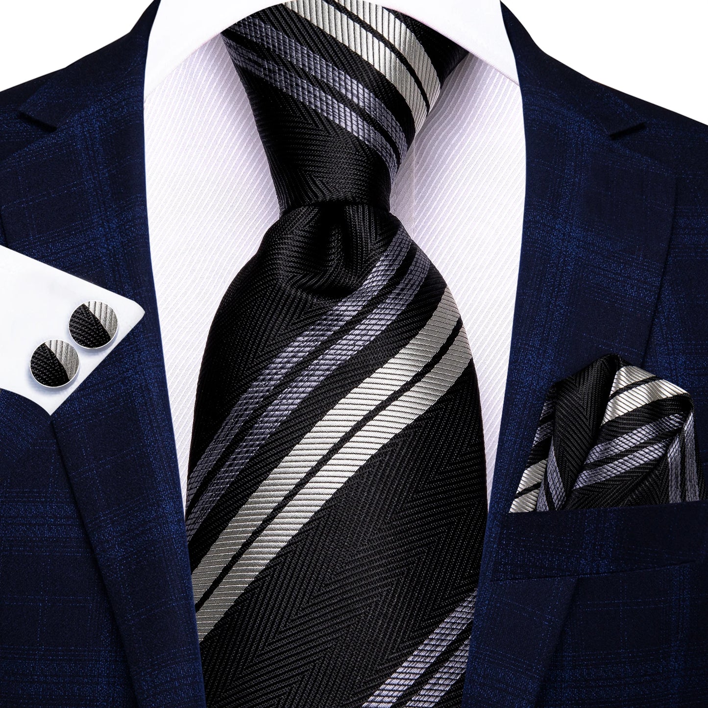 Men’s black and grey floral tie with handkerchief and cufflinks set for wedding or party