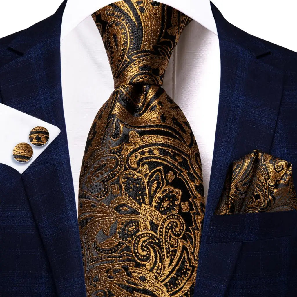 Timeless Fashion – Black Gold Paisley Striped Tie with Accessories 2