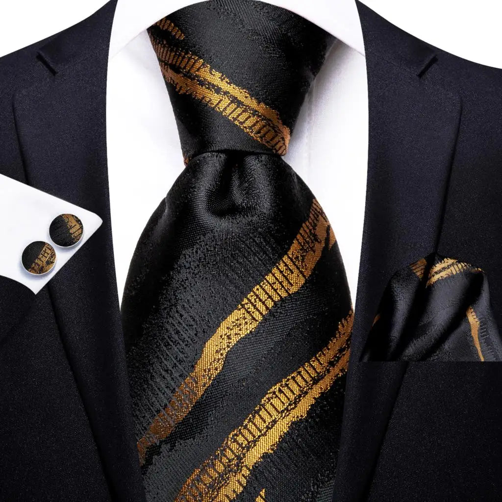 Timeless Fashion – Black Gold Paisley Striped Tie with Accessories 4