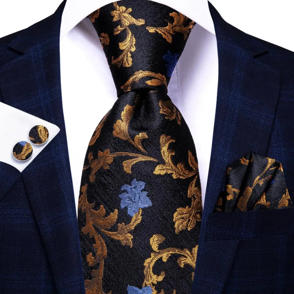 Timeless Fashion – Black Gold Paisley Striped Tie with Accessories 9