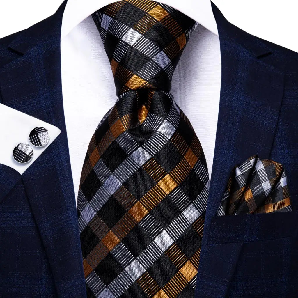 Timeless Fashion – Black Gold Paisley Striped Tie with Accessories h