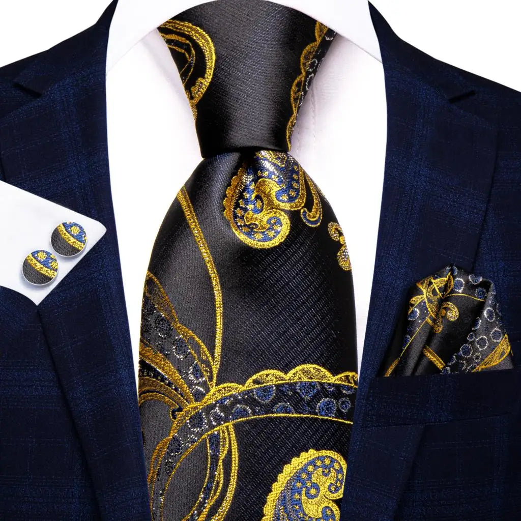 Timeless Fashion – Black Gold Paisley Striped Tie with Accessories r