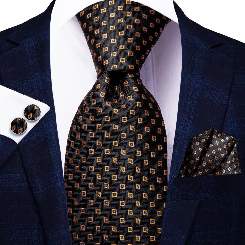 Timeless Fashion – Black Gold Paisley Striped Tie with Accessories v