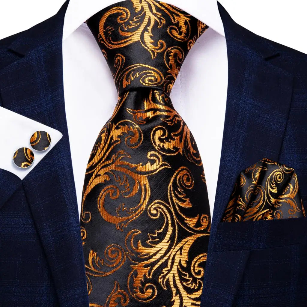 Timeless Fashion – Black Gold Paisley Striped Tie with Accessories z