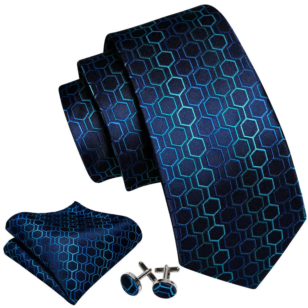Blue geometric pattern silk tie set with handkerchief and cufflinks for men