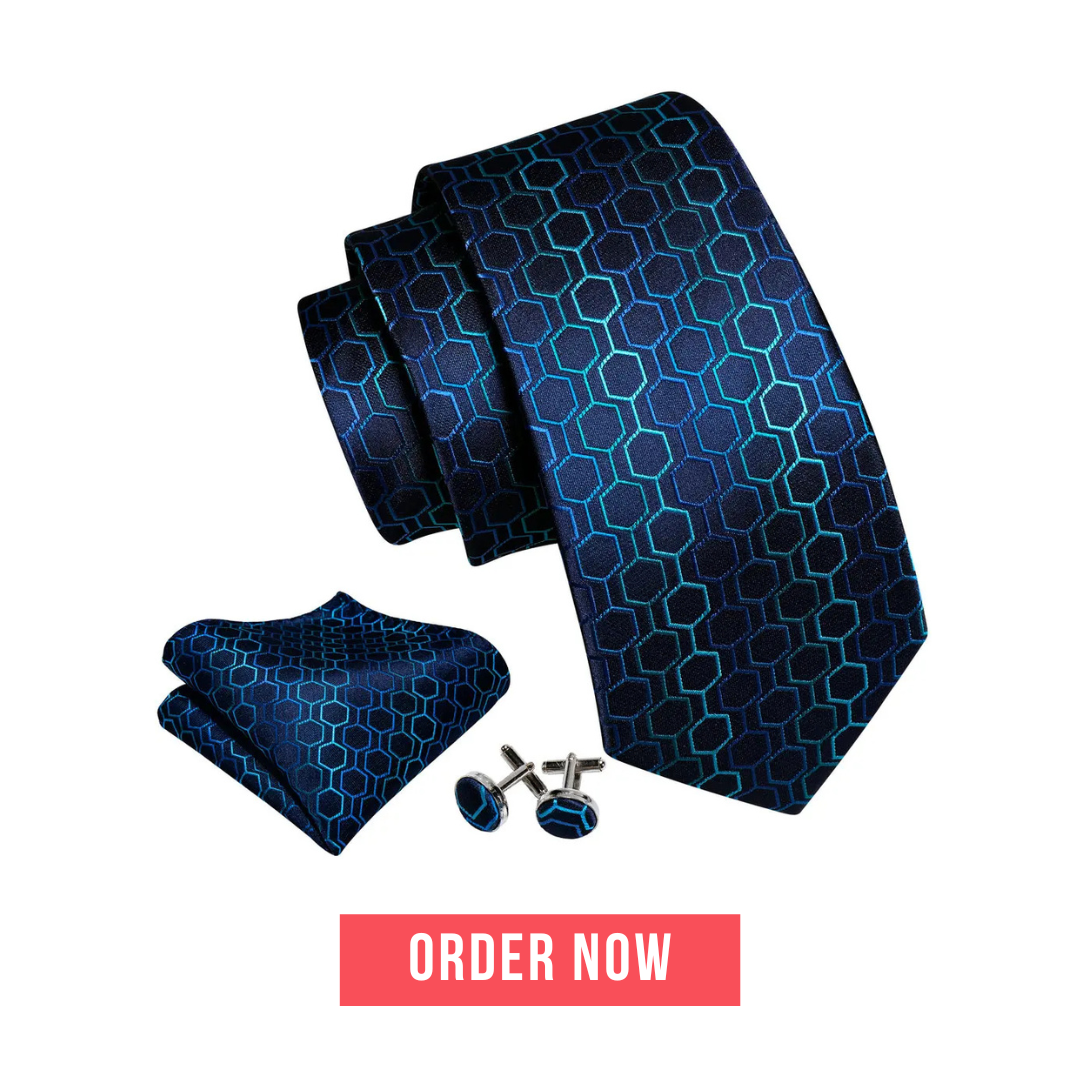 Blue geometric pattern silk tie set with handkerchief and cufflinks for men - Vanity Glam