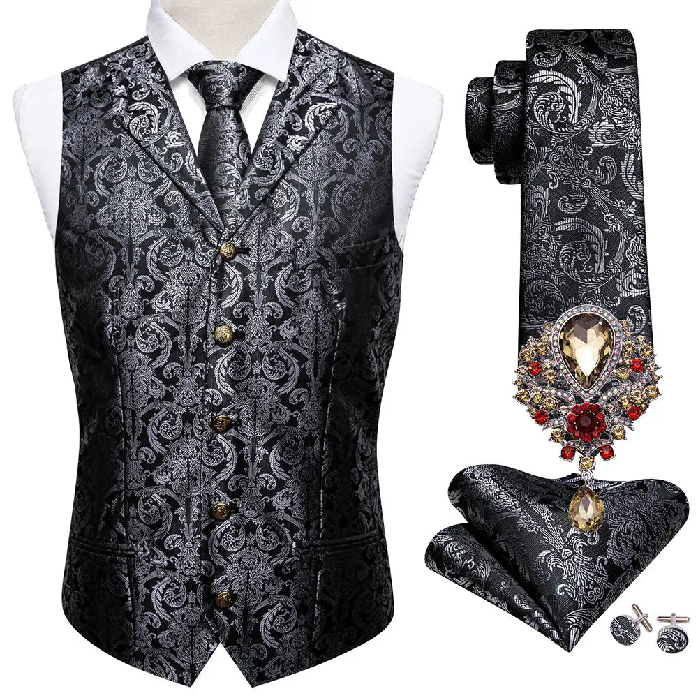 5PCS Classic Mens Wedding Suit Vest Set – Paisley Jacquard Silk Waistcoat Accessories Black