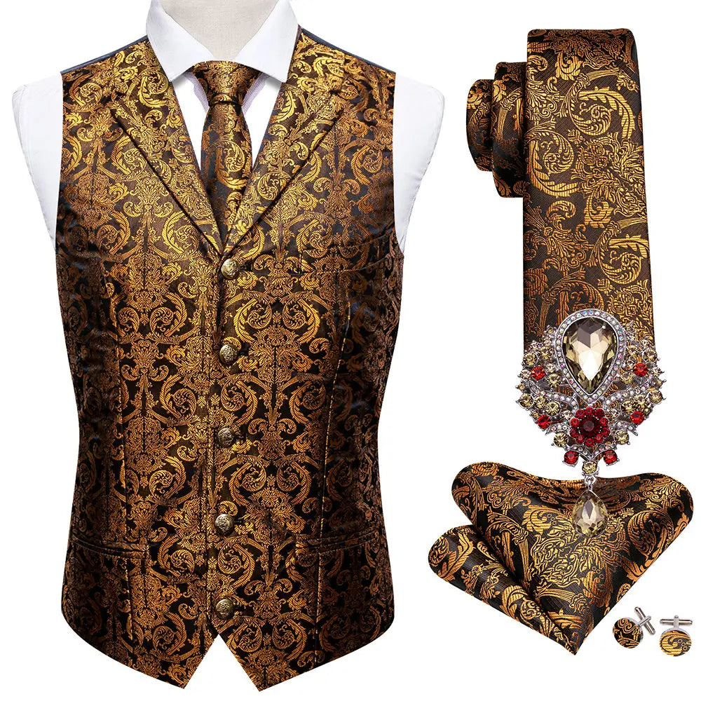 5PCS Classic Mens Wedding Suit Vest Set – Paisley Jacquard Silk Waistcoat Accessories Gold