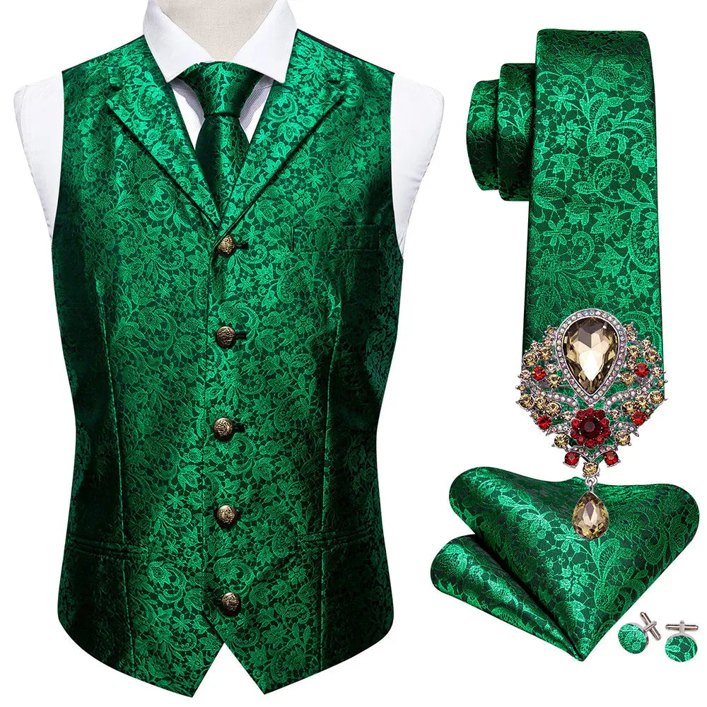 5PCS Classic Mens Wedding Suit Vest Set – Paisley Jacquard Silk Waistcoat Accessories Green