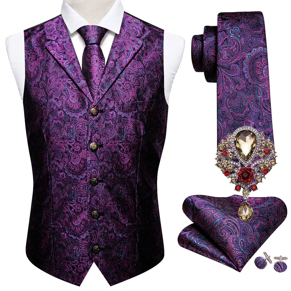 5PCS Classic Mens Wedding Suit Vest Set – Paisley Jacquard Silk Waistcoat Accessories Purple