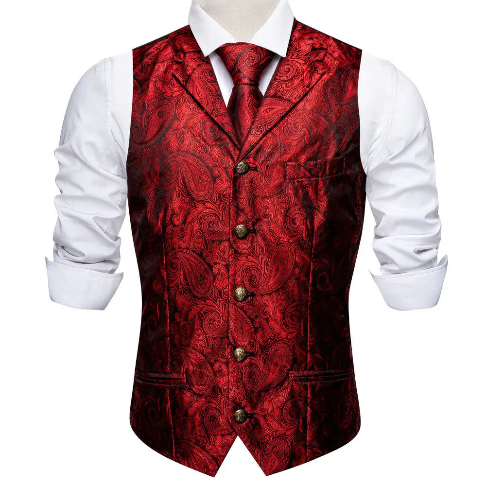 Classic Mens Wedding Suit Vest Set – Paisley Jacquard Silk Waistcoat Accessories Red