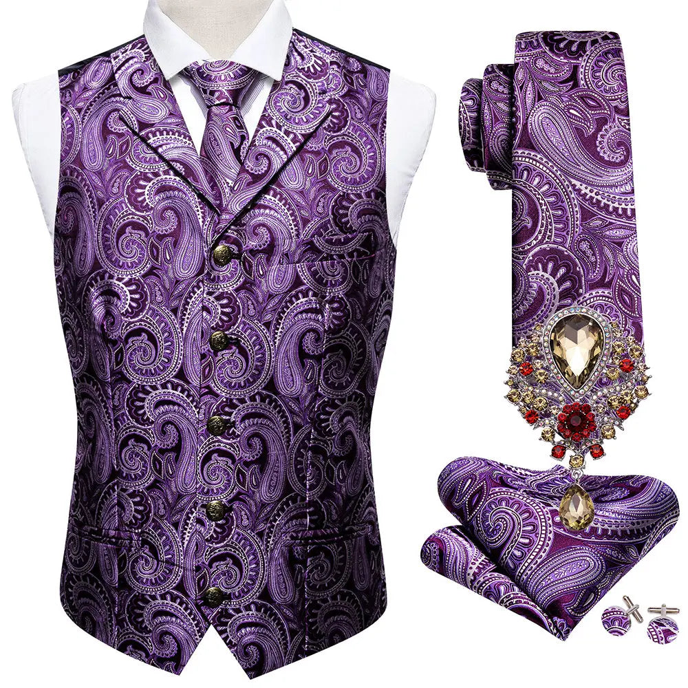 5PCS Classic Mens Wedding Suit Vest Set – Paisley Jacquard Silk Waistcoat Accessories Violet