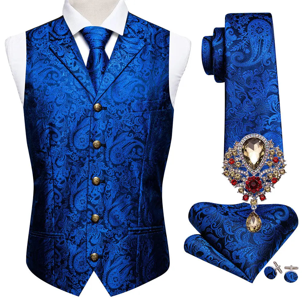 5PCS Classic Mens Wedding Suit Vest Set – Paisley Jacquard Silk Waistcoat Accessories Blue