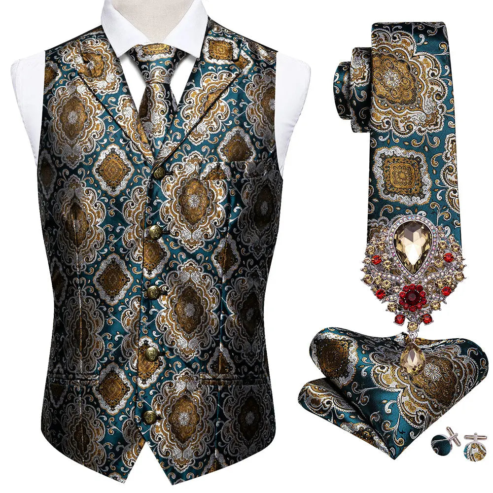 5PCS Classic Mens Wedding Suit Vest Set – Paisley Jacquard Silk Waistcoat Accessories multi