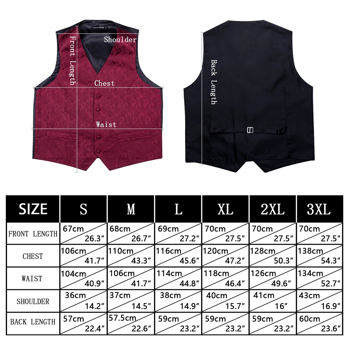 5PCS Classic Mens Wedding Suit Vest Set – Paisley Jacquard Silk Waistcoat Accessories sizes