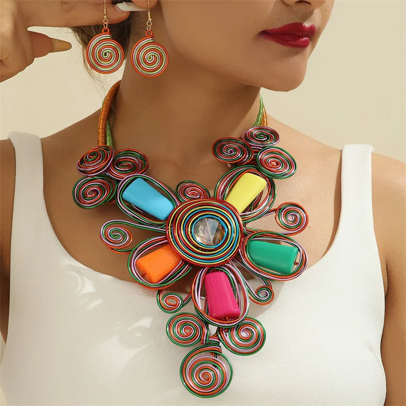 Ethnic colorful floral crystal necklace and earrings jewelry set for women