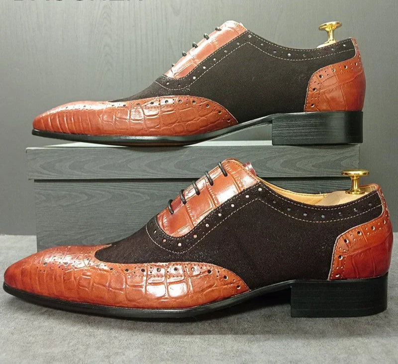 Men’s Elegant Crocodile Print Oxford Shoes – Lace-Up Leather Dress Shoes for Weddings & Office f