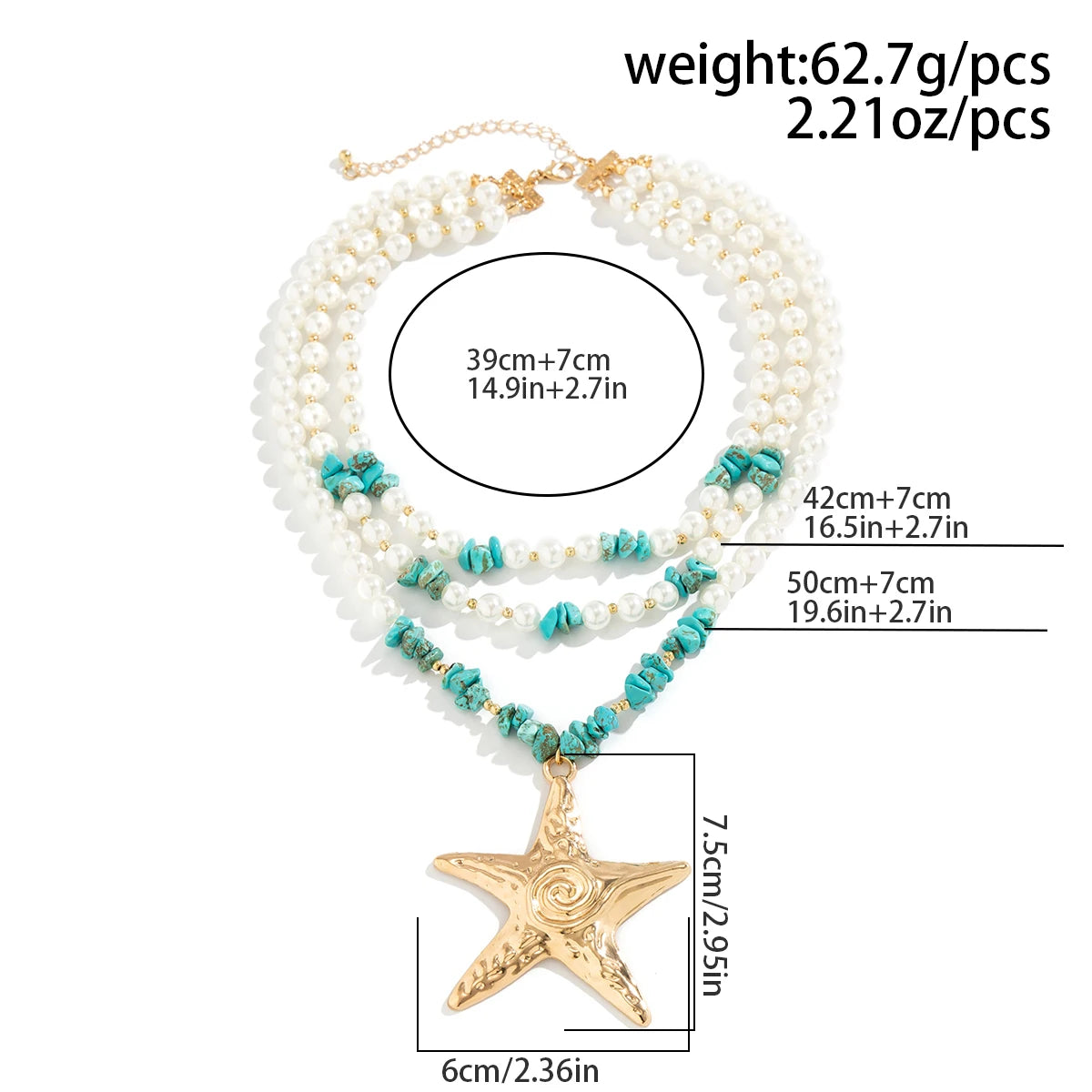 Size of Elegant Big Starfish Star Pendant Pearl Stone Necklace
