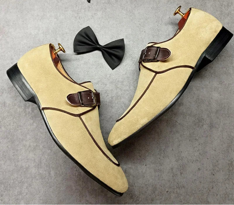 Men’s Elegant Suede Monk Strap Loafers – Khaki Buckle Slip-On Dress Shoes for Office & Weddings