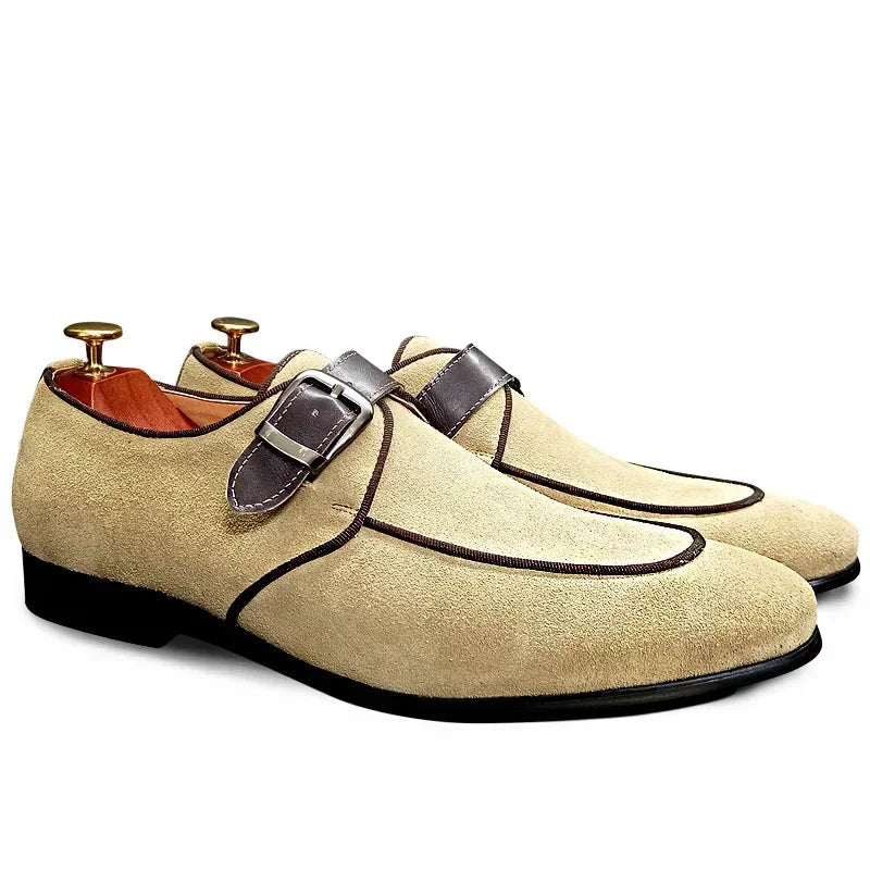 Men’s Elegant Suede Monk Strap Loafers – Khaki Buckle Slip-On Dress Shoes for Office & Weddings a