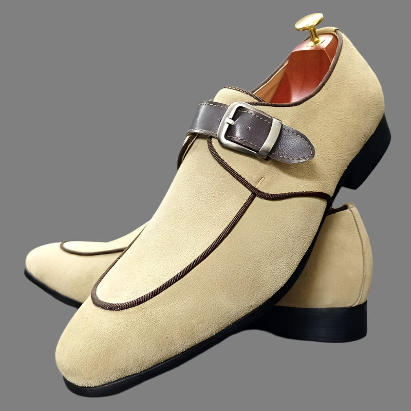 Men’s Elegant Suede Monk Strap Loafers – Khaki Buckle Slip-On Dress Shoes for Office & Weddings c