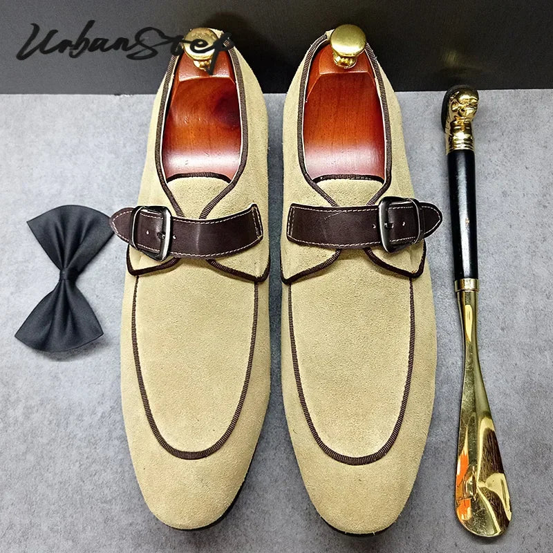 Men’s Elegant Suede Monk Strap Loafers – Khaki Buckle Slip-On Dress Shoes for Office & Weddings d