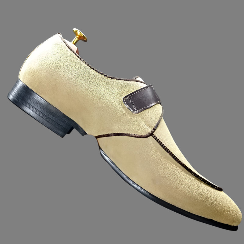 Men’s Elegant Suede Monk Strap Loafers – Khaki Buckle Slip-On Dress Shoes for Office & Weddings e