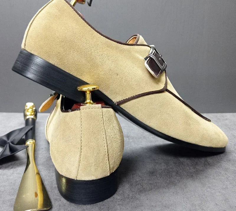 Men’s Elegant Suede Monk Strap Loafers – Khaki Buckle Slip-On Dress Shoes for Office & Weddings g