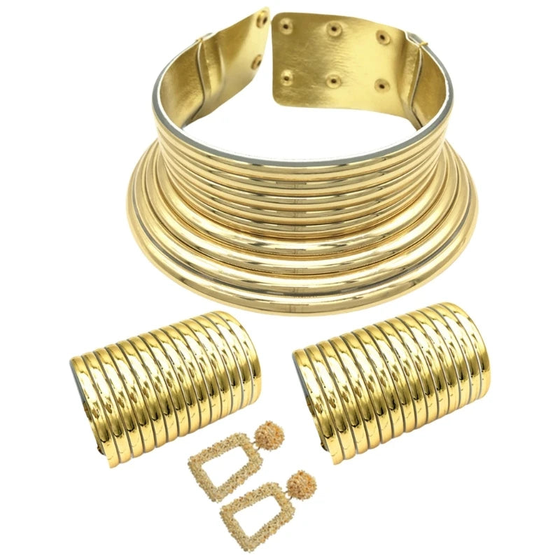 Ethnic Collar Jewelry Set – Trendsetting Long Neck Choker in Gold/Silve e