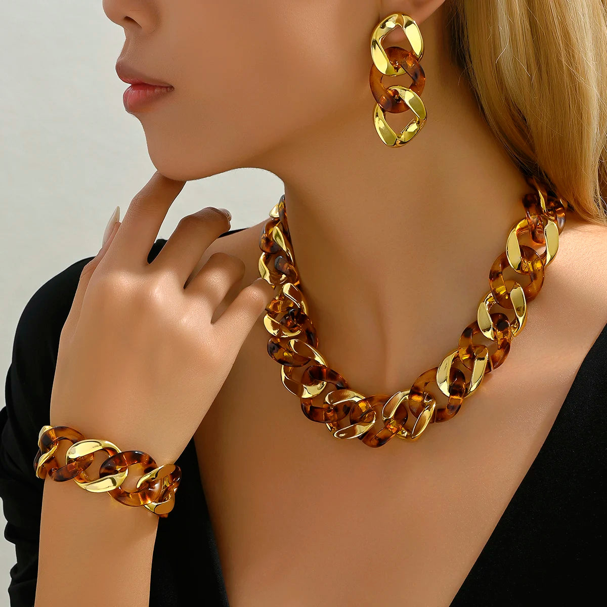 Exaggerated Fashion – Bridal Temperament Bead Jewelry Set Light Yellow Gold Color