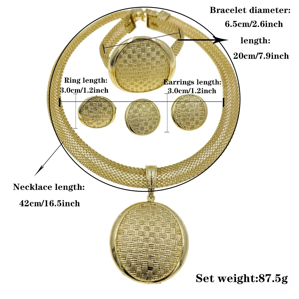 Fashion Jewelry Set – Round Pendant Necklace, Bracelet, Earrings & Ring for Women Dimension