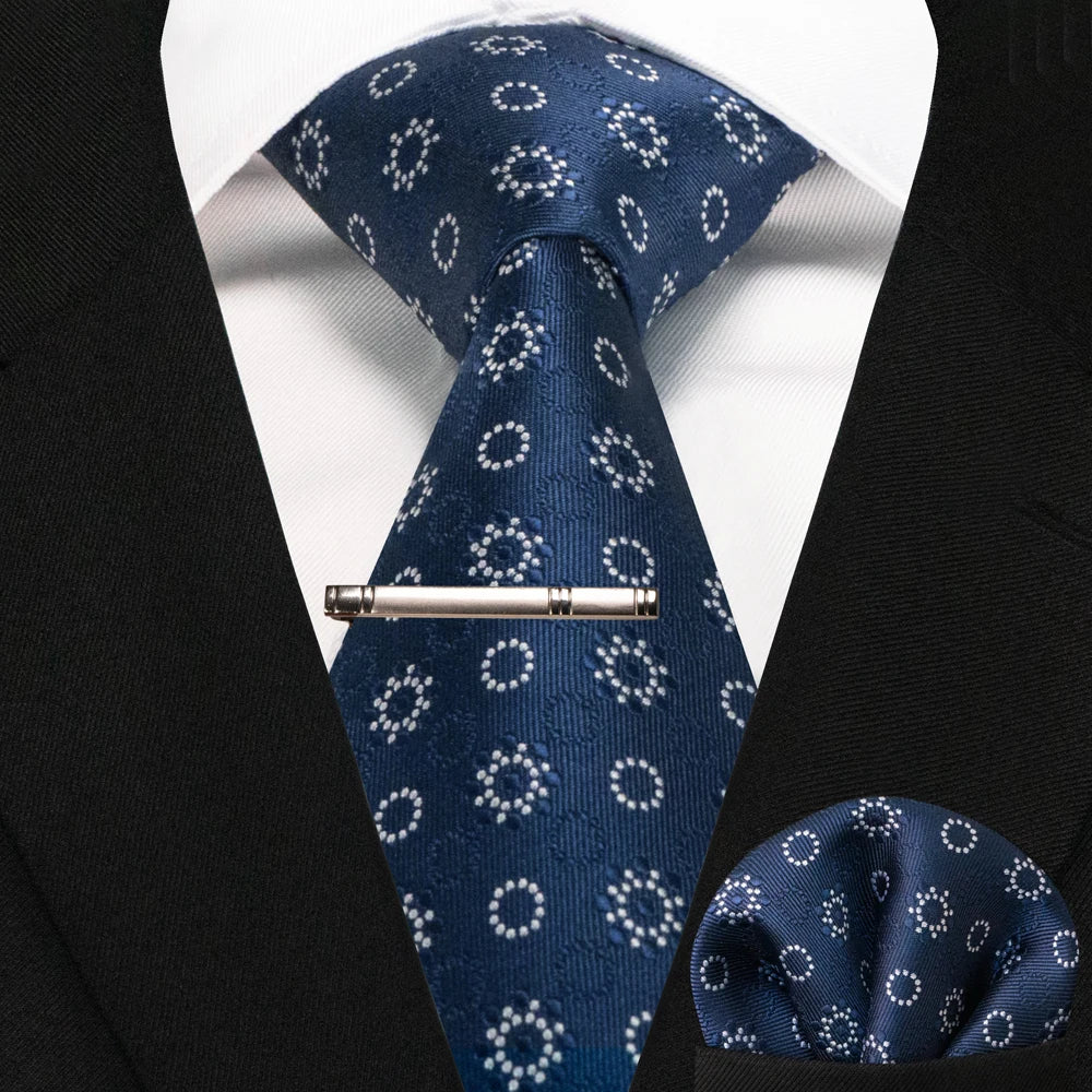 Navy blue silk paisley tie set with handkerchief and tie clip for men