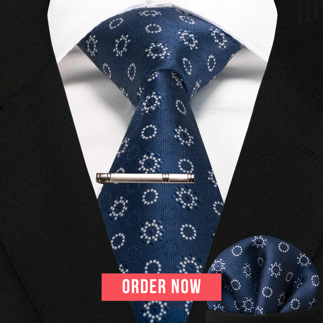 Navy blue silk paisley tie set with handkerchief and tie clip for men Vanity Glam