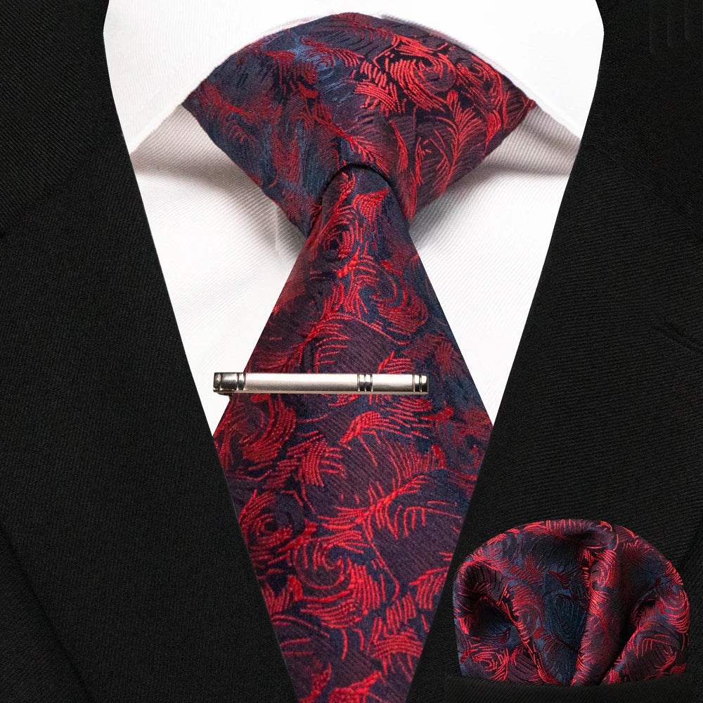 Silk paisley tie set with handkerchief and tie clip for men