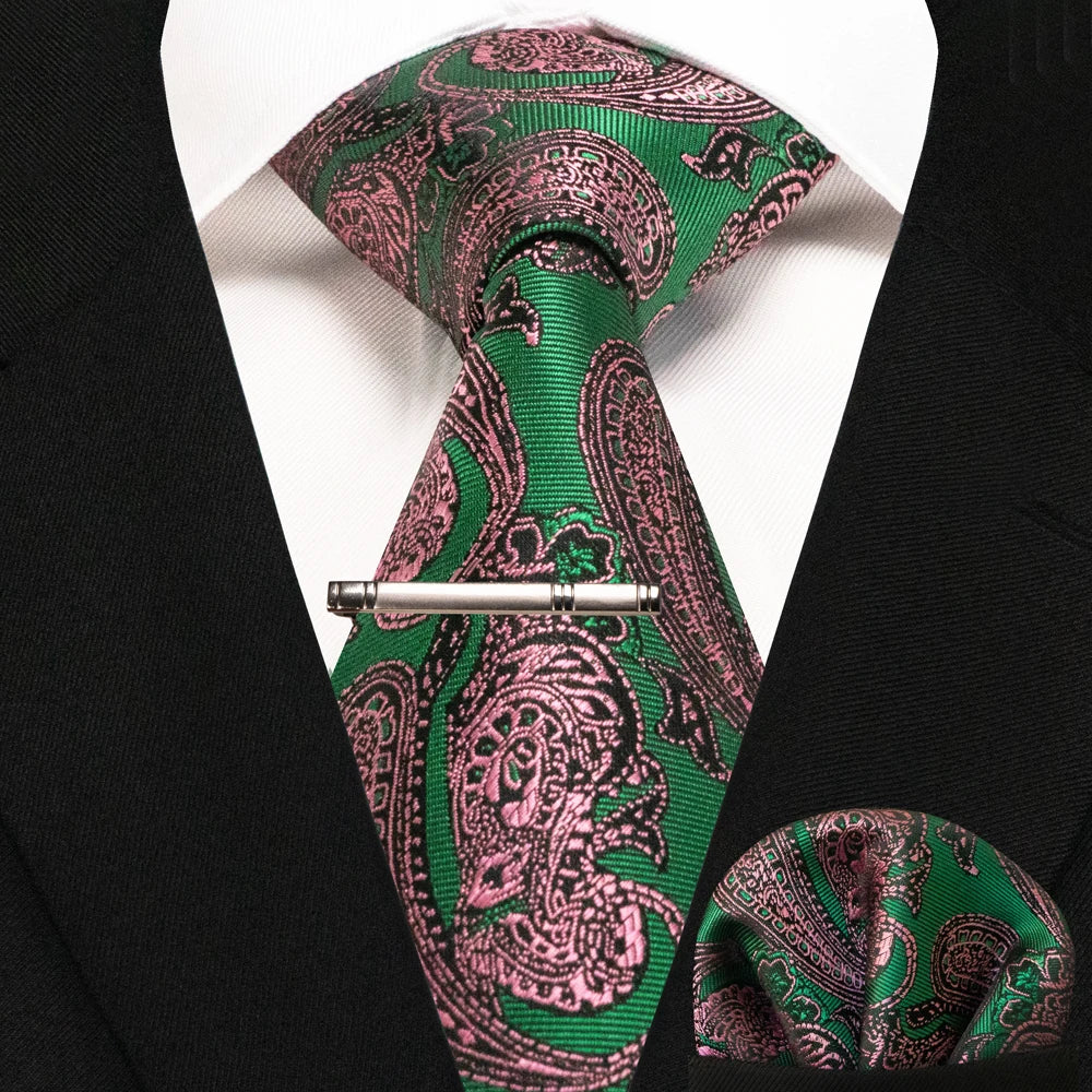 Silk paisley tie set with handkerchief and tie clip for men