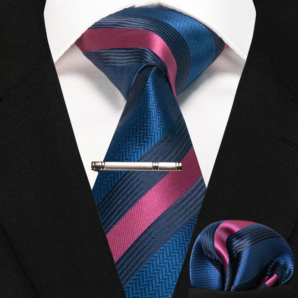 Silk paisley tie set with handkerchief and tie clip for men