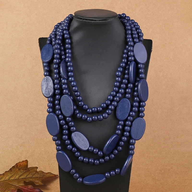 Multi Layer Beads Wood Necklace – Handmade Vintage Statement Jewelry