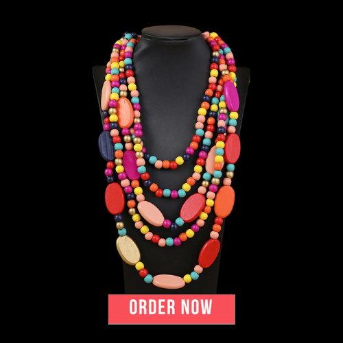 Multi Layer Beads Wood Necklace – Handmade Vintage Statement Jewelry Vanity Glam