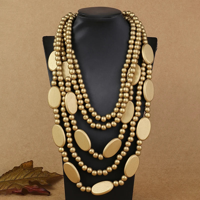 Multi Layer Beads Wood Necklace – Handmade Vintage Statement Jewelry a