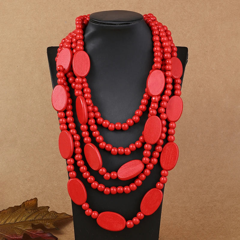Multi Layer Beads Wood Necklace – Handmade Vintage Statement Jewelry b
