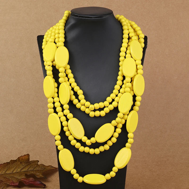 Multi Layer Beads Wood Necklace – Handmade Vintage Statement Jewelry c