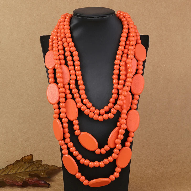 Multi Layer Beads Wood Necklace – Handmade Vintage Statement Jewelry e