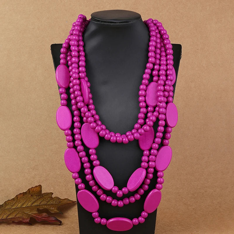 Multi Layer Beads Wood Necklace – Handmade Vintage Statement Jewelry f