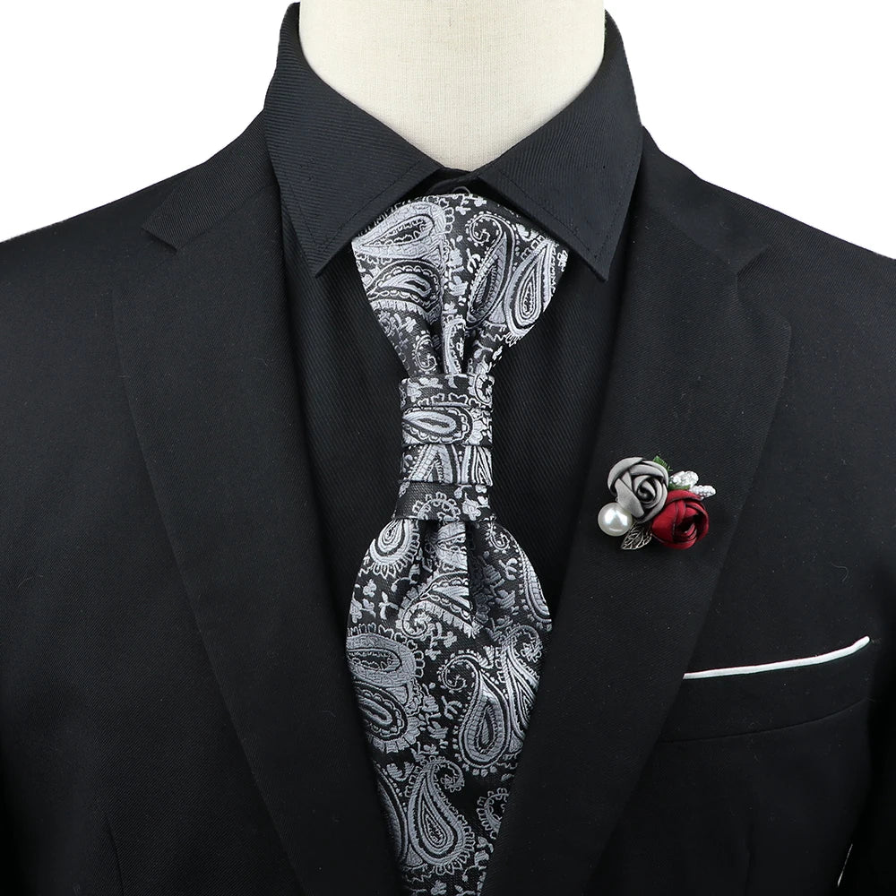 Men’s Paisley Tie & Brooch Set – Red, Black, Blue Groom Wedding Accessory