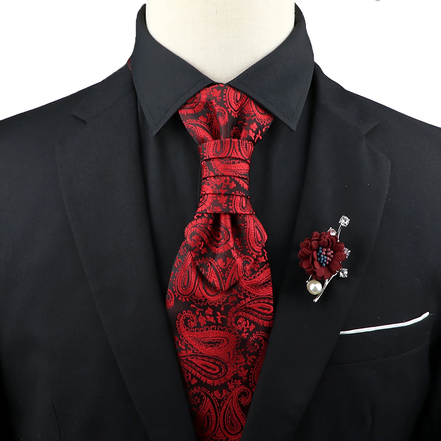 Men’s Paisley Tie & Brooch Set – Red, Black, Blue Groom Wedding Accessory