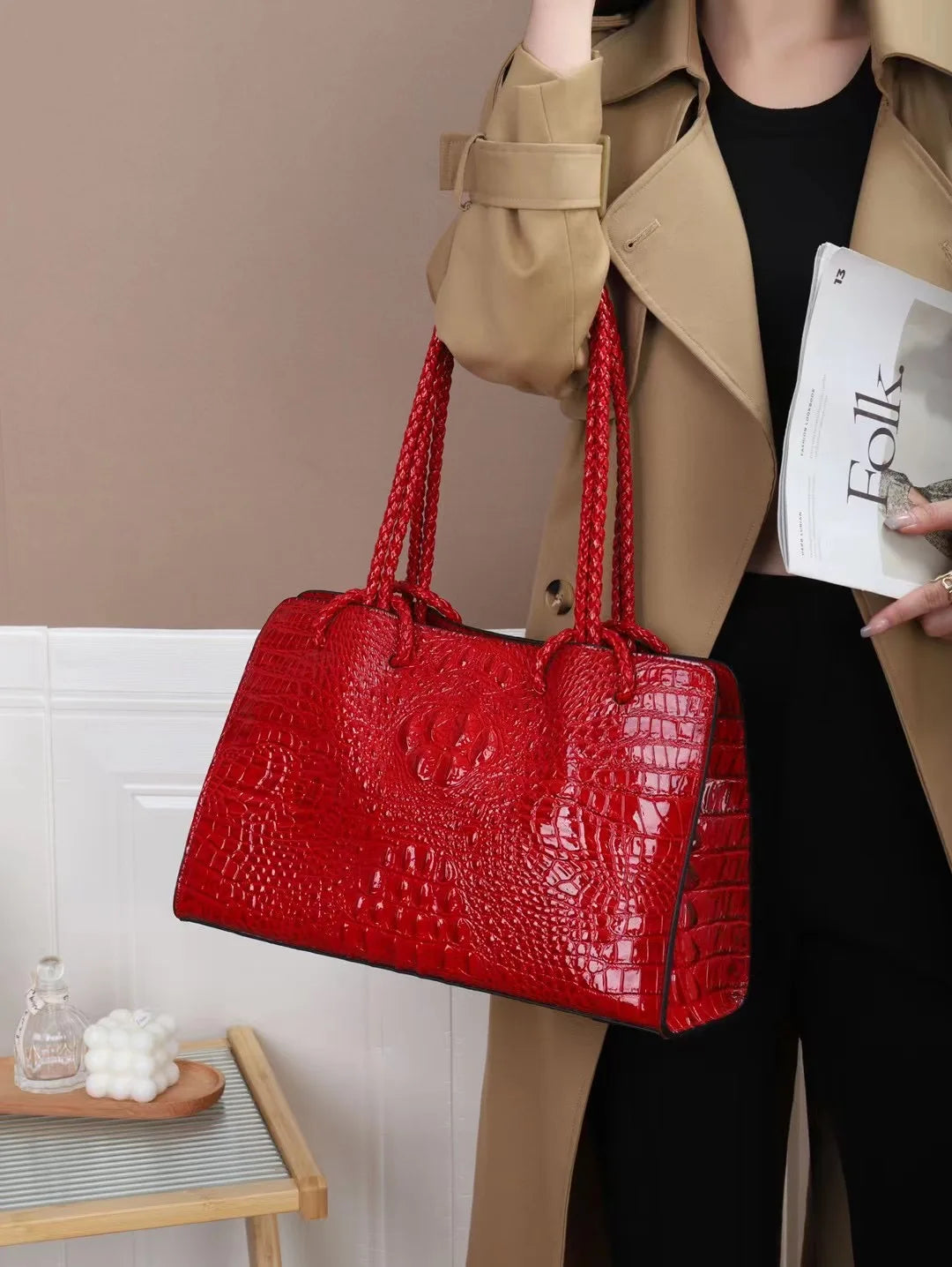 Red Crocodile Genuine Leather Handbags Red