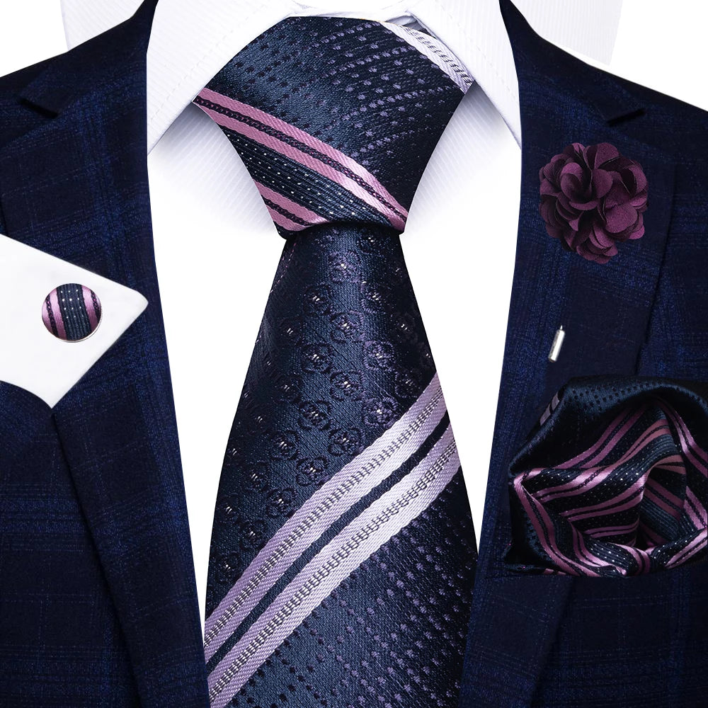 Men’s red striped tie set with handkerchief, cufflinks, and pin for wedding or formal suit